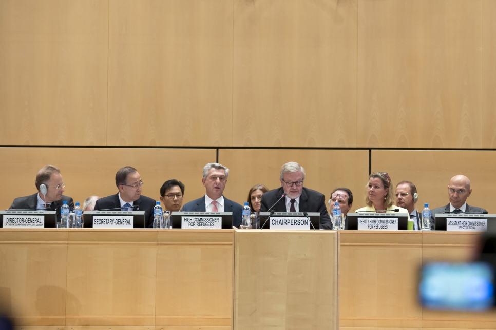 Chairperson Carsten Staur (centre-right) gives the opening address at UNHCR's 2016 Executive Committee (Excom) at the Palais des Nations in Geneva.