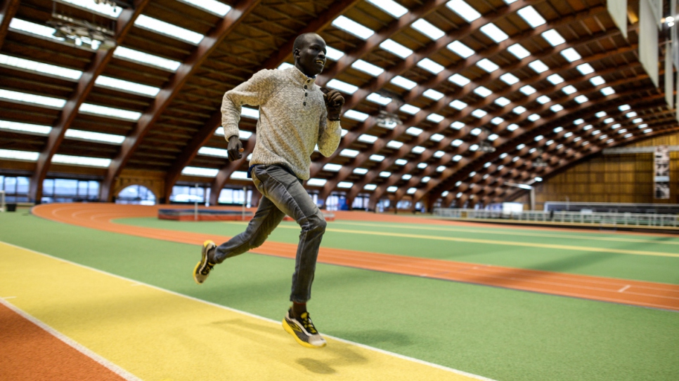 Yiech Pur Biel tries out a 400-metre indoor track in Paris.