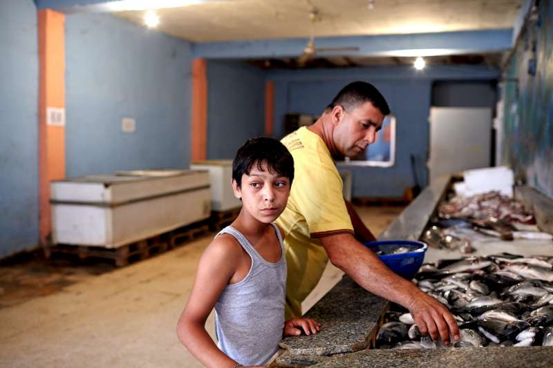 Mahmoud hasn't been to school is three years, but instead helps to support his family by working in the fish shop.