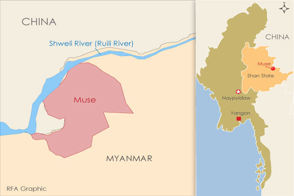 The map shows the border town of Muse in northern Myanmar's Shan state.