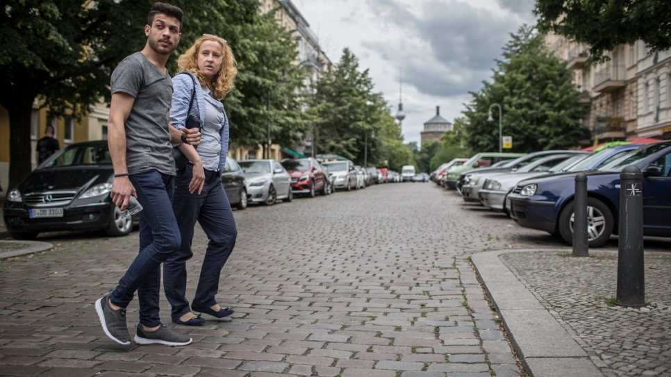 Syrian singer Abdallah Rahal and his friend and manager, Rachel Clarke. "The arts and music play an amazing role in understanding each other's culture," says Rachel, who first heard Abdallah singing a capella at a shelter outside Berlin.