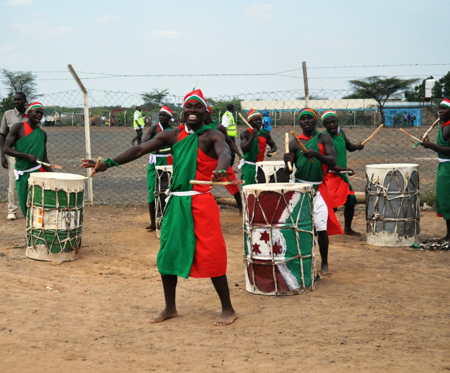 Burundian drummers entertain the guests upon arrival at the airstrip in Kakuma. Photo by UNHCR/Cathy Wachiaya