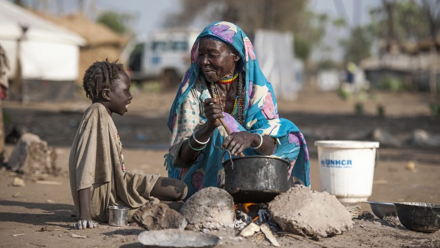 South Sudan / Sudanese refugees / Sixty seven year old Almase Labat Jenko with her granddaughter Zeinab Faisil Sulkan aged nine years both from the Jum Jum tribe. They fled their village amidst heavy fighting and aerial bombardment from Antanov bombers sent from Khartoum and from lack of food. Almase says that she is "Very glad to be here where it is safe but I want to go home and find my granddaughter's parents, but I cannot I will be killed by the Antonovs." / UNHCR / S. Rich / February 2013