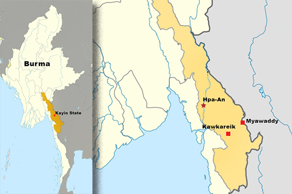 The map shows Kayin state in southern Myanmar.