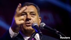 Milorad Dodik, president of Republika Srpska, speaks after a referendum over a disputed national holiday during an election rally in Pale on September 25.