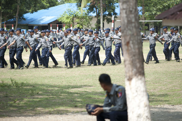 Police officers undergo training at Sittwe in western Myanmar's Rakhine state, where most of the country's Rohingya live, May 22, 2015.