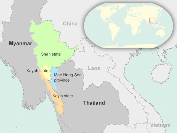 Thailand's Mae Hong Son province borders Myanmar's Shan, Kayah, and Kayin states.