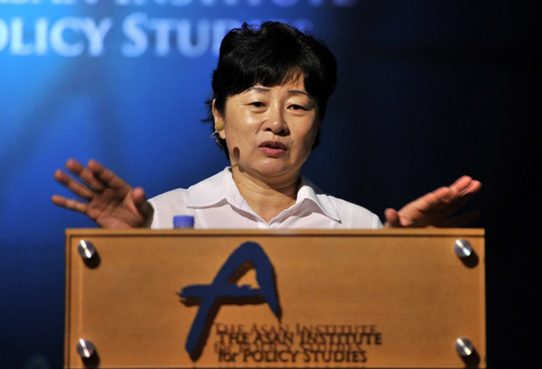 Former North Korean defector Kim Hye Sook talks about the 28 years she spent in one of country's notorious prison camps at a forum of the Asian Institute for Policy Studies in Seoul, June 21, 2012