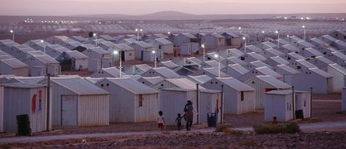 RefugeesIKEA-donated Solar lights turn as night falls throughout in Azraq Refugee Camp, Al Azraq, Jordan.