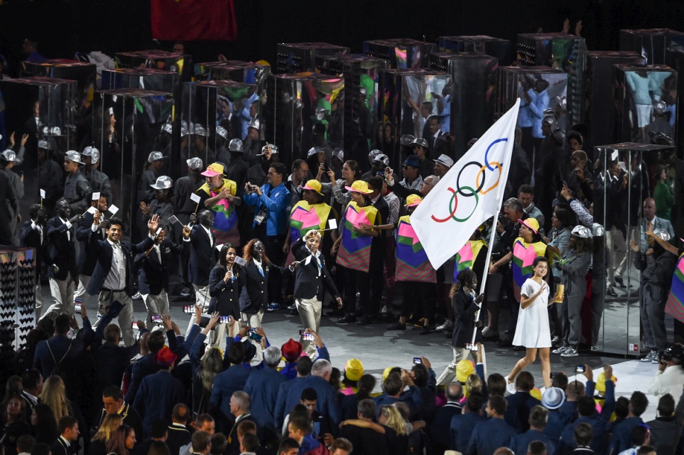 Team Refugees entering the Stadium in Rio, Brazil during the opening ceremony.