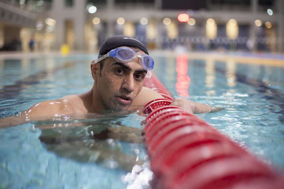 Ibrahim al-Hussein, 27, during a swimming training session in Athens. 