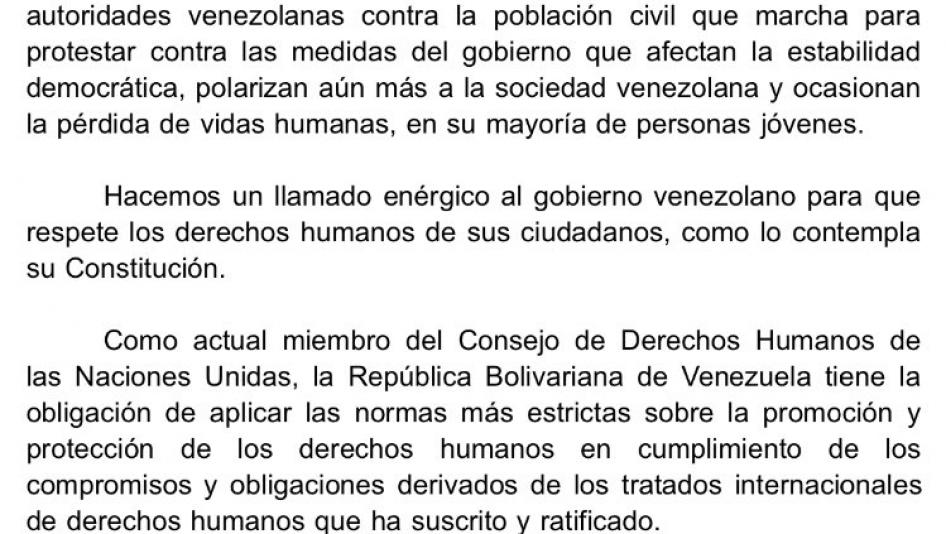 Comunicado sobre la situacion en la Republica Bolivariana de Venezuela