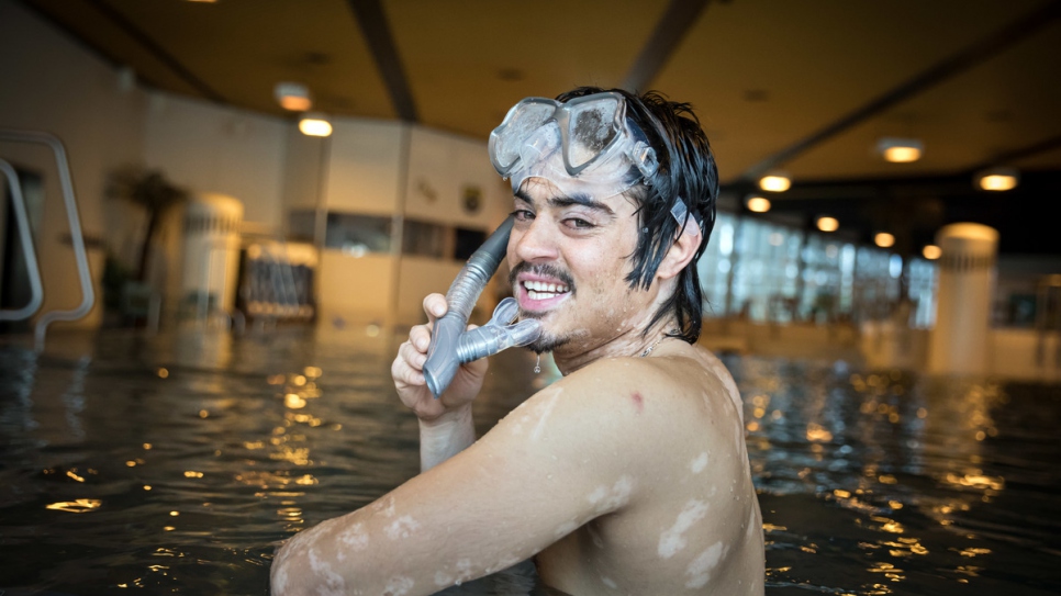 Hamed Mohammadi from Afghanistan at the swimming pool in Neu Wulmstorf, Germany where refugees receive lessons from local volunteers.