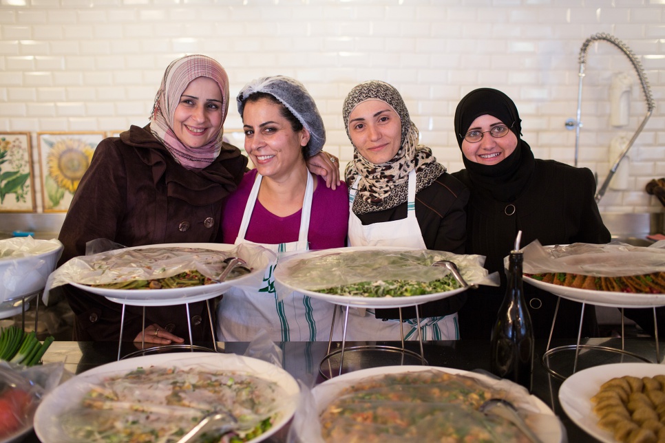 The chefs at Tawlet restaurant in Beirut include (from left to right) Rasha Mhemid, Nahrein Abdal, Mariam Al Bakkour and Ibtisim Masto – all refugees from Syria.