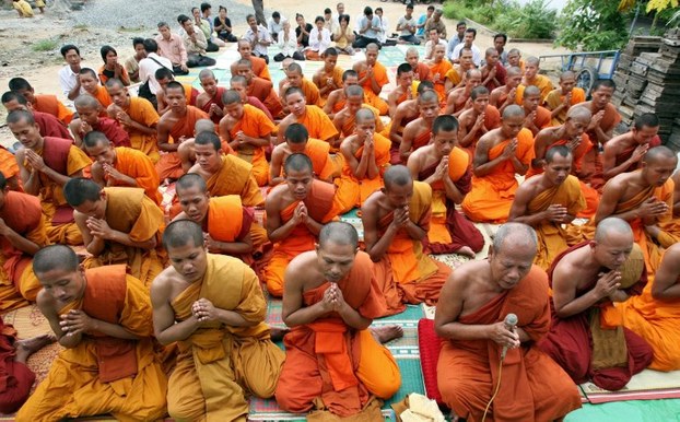 Khmer Krom monks pray at a pagoda in Phnom Penh at a 2007 rally to demand the release of a monk arrested for allegedly organizing an anti-Vietnam demonstration in Cambodia.