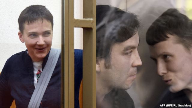 A combo photo of Ukrainian military pilot Nadia Savchenko (left) and Yevgeny Yerofeyev (center) and Aleksandr Aleksandrov, Russian servicemen arrested in May 2015 on terrorism charges related to the separatist conflict in eastern Ukraine