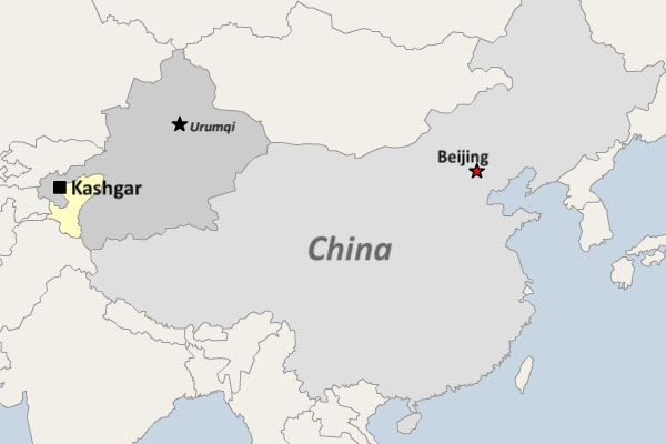 A map showing the Xinjiang Uyghur Autonomous Region and the location of Kashgar.