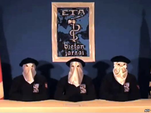 A screen grab shows ETA members declaring a ceasefire in the Basque town of Guernica late last year. 