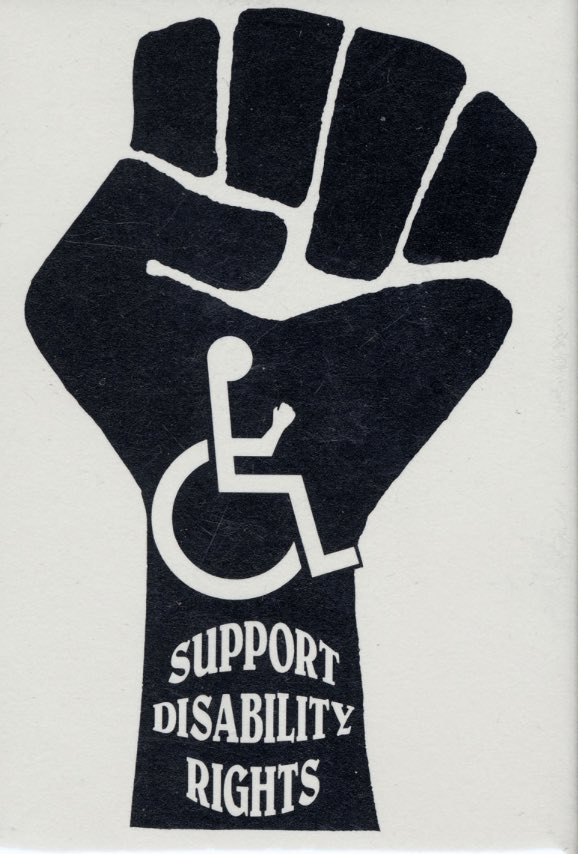 Black power fist symbol repurposed and reading 'support disability rights'
