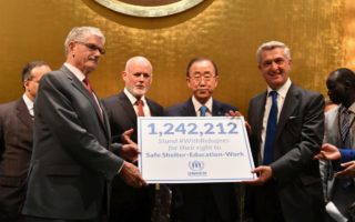 President of the General Assembly Mogens Lykketoft, President of the General Assembly Peter Thomson, UN Secretary General Ban Ki Moon, and UNHCR High Commissioner Filippo Grandi attend UNHCR WithRefugees petition handover at UN General Assembly.  © Slaven Vlasic/Getty Images/UNHCR