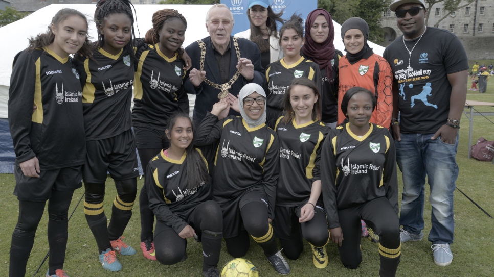 Lord Mayor with Diverse City FC at World Refugee Day Fair Play Cup 2015 Ireland