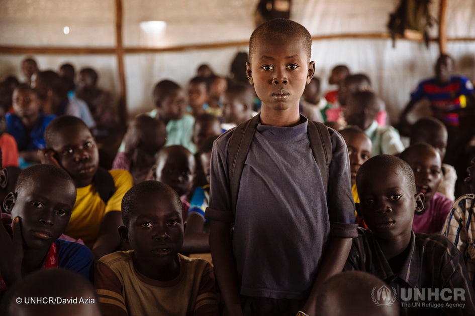 Thirteen-year-old South Sudanese refugee John Luis, from Juba, South Sudan, inside a classroom at the Ofonze Primary School in Bidibidi refugee settlement, Yumbe District, Northern Region, Uganda.