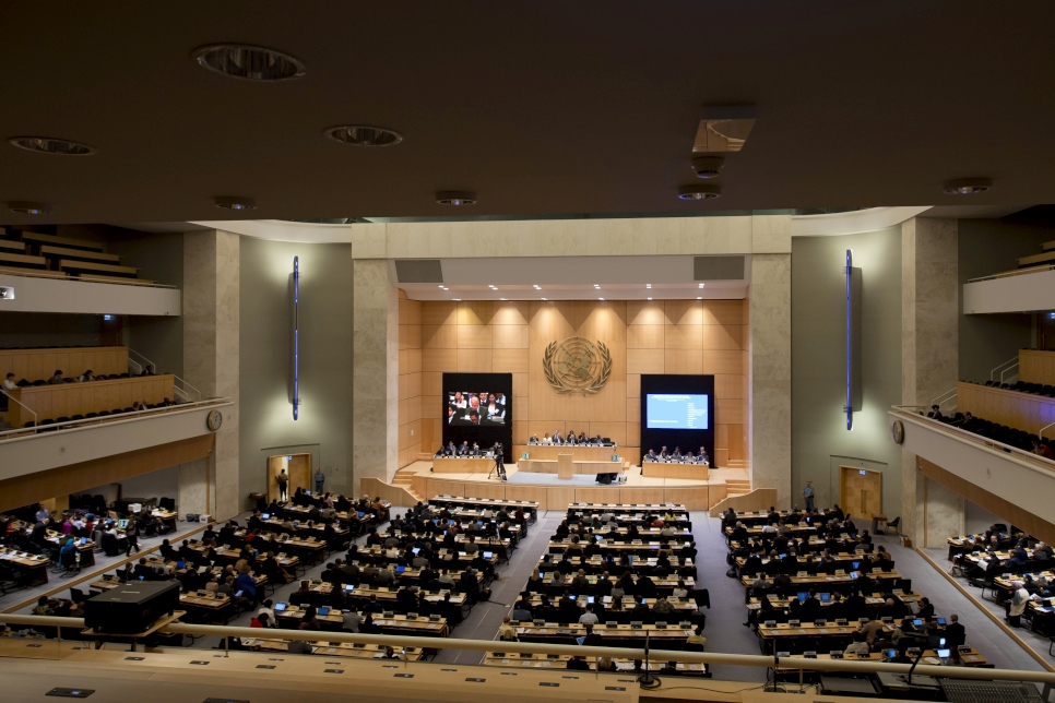 Representatives of 98 member states listen to UN Secretary-General Ban Ki-moon's keynote speech at UNHCR's 2016 Executive Committee (Excom) at the Palais des Nations in Geneva.