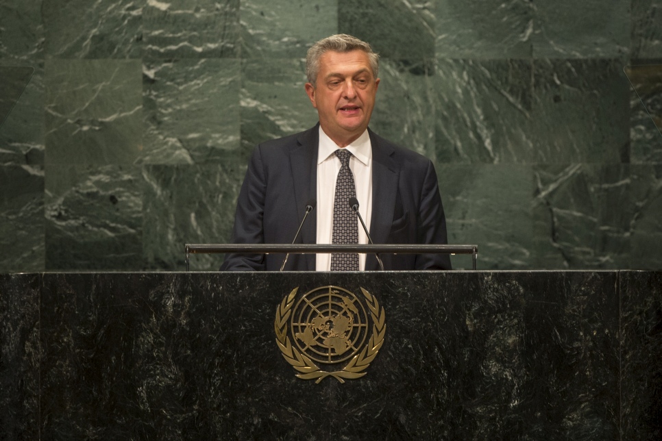 UN High Commissioner for Refugees Filippo Grandi addresses the Summit on Addressing Large Movements of Refugees and Migrants at the UN General Assembly in New York.   © UN Photo/Cia Pak