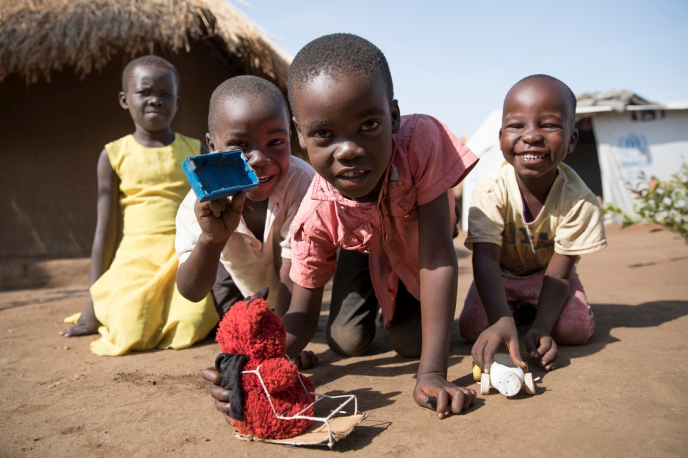 Four of the children looked after by single mother Aisha in Bidibidi refugee settlement.  Ake, 13, and Jonathon, five, are her own sons and she also cares for niece Topic, eight, and nephew Jeption, seven. She fosters four-year-old Mercy who is semi-paralysed and needs constant care. 