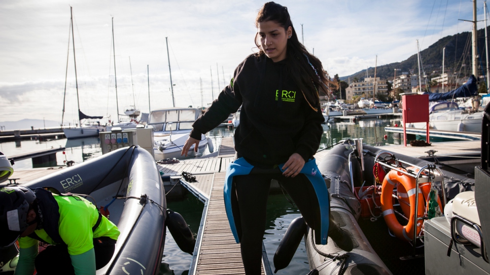 Sarah disembarks a vessel after a search and rescue operation off the island of Lesvos.