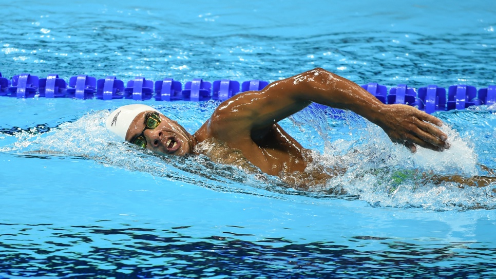 Rami Anis, 25, training at the Olympic swimming pool in Rio de Janeiro, Brazil. © UNHCR/Benjamin Loyseau