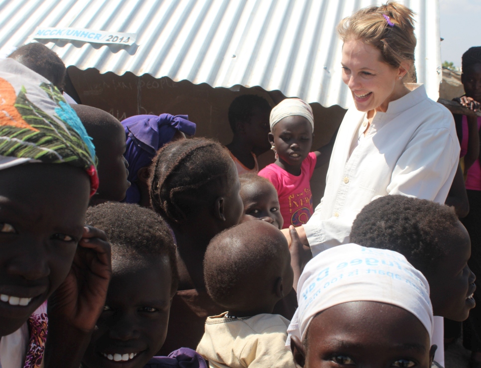 A small crowd of refugee children from South Sudan greeted Princess Sarah at Kakum camp in Kenya. About 65% of the 2.1 million South Sudanese refugees are aged under 18 years of age.