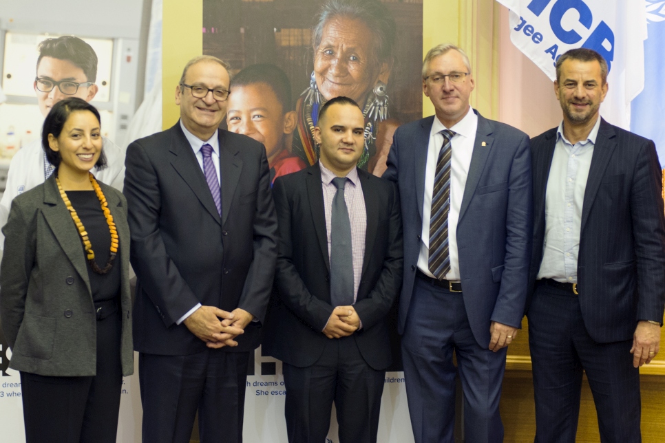 UNHCR Regional Representative, Thomas Albrecht with keynote speaker, Adam Bujairami, Head of the General Delegation of Palestine to Australia, His Excellency Izzat Salah Abdulhadi, DFAT Humanitarian Response Branch Assistant Secretary, Steve Scott and Settlement Services International Project Officer, Carmen Ghaly.