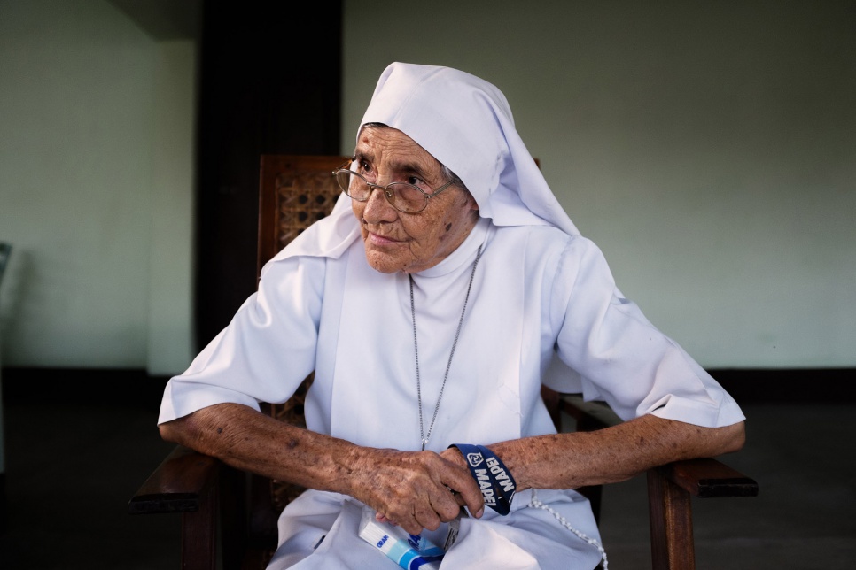 Sister Maria Concetta, 80, speaks with UNHCR at the hospital she operates in Zongo, DRC. She has worked in Zongo as a midwife since 1984.