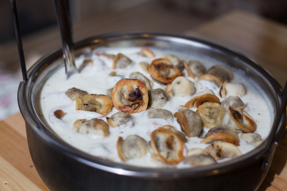 Shishbarak, a Syrian dish, prepared by refugee chefs for the UNHCR cafeteria in Beirut, Lebanon.