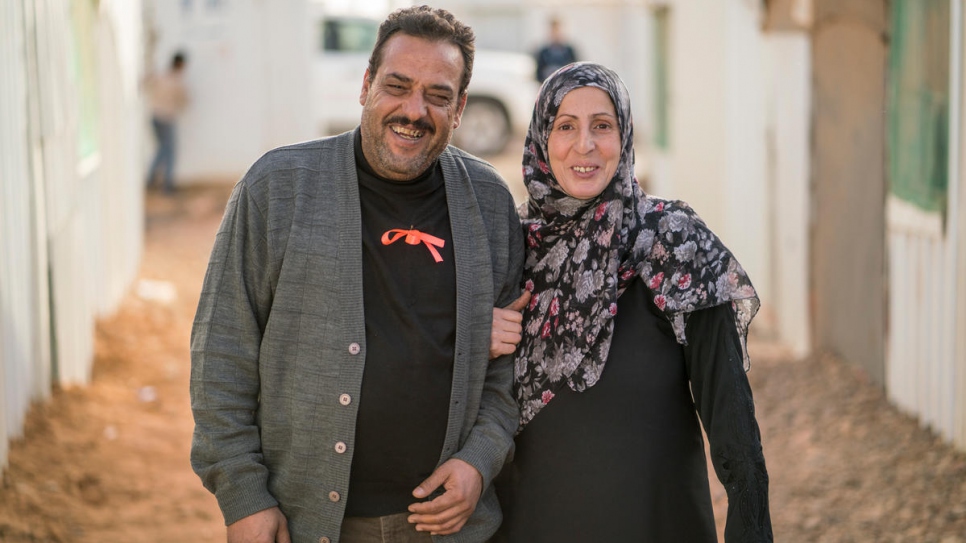 Ehsan Al Khalili, a Syrian refugee from Damascus, and his wife Rabab outside their shelter in Jordan's Azraq refugee camp.  