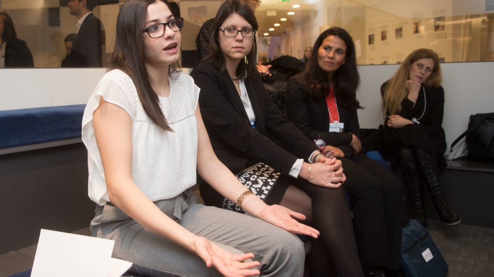 Yusra talks during the 'Sporting for Survival' session at the WEF.