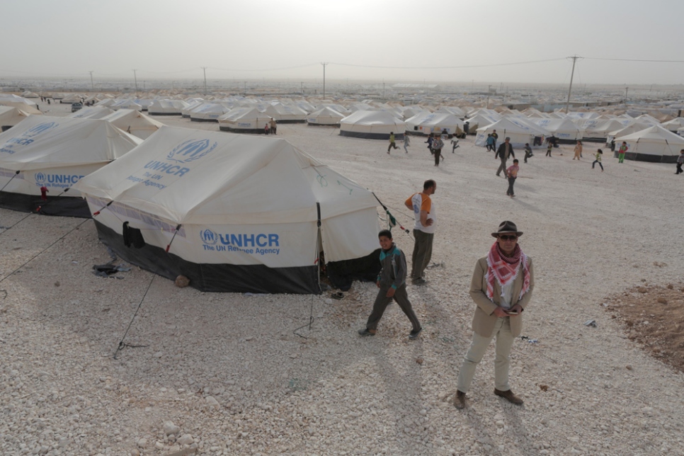 AA Gill visiting Zaatari refugee camp, Jordan.