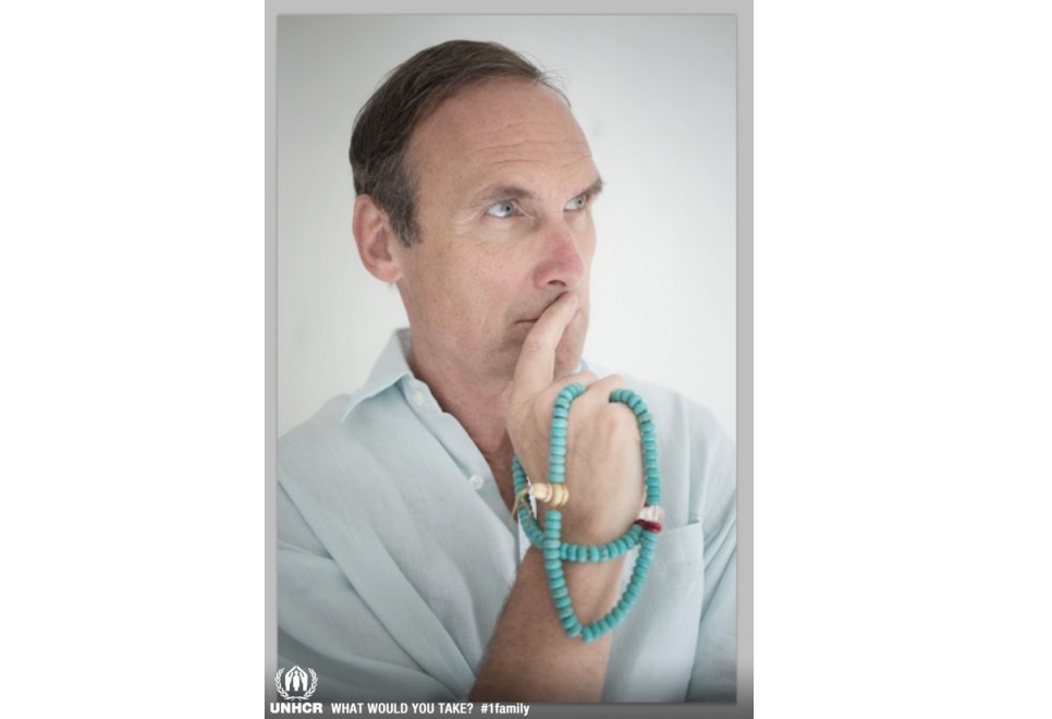 AA Gill with the one item he would take if forced to flee his home: prayer beads from Bhutan.