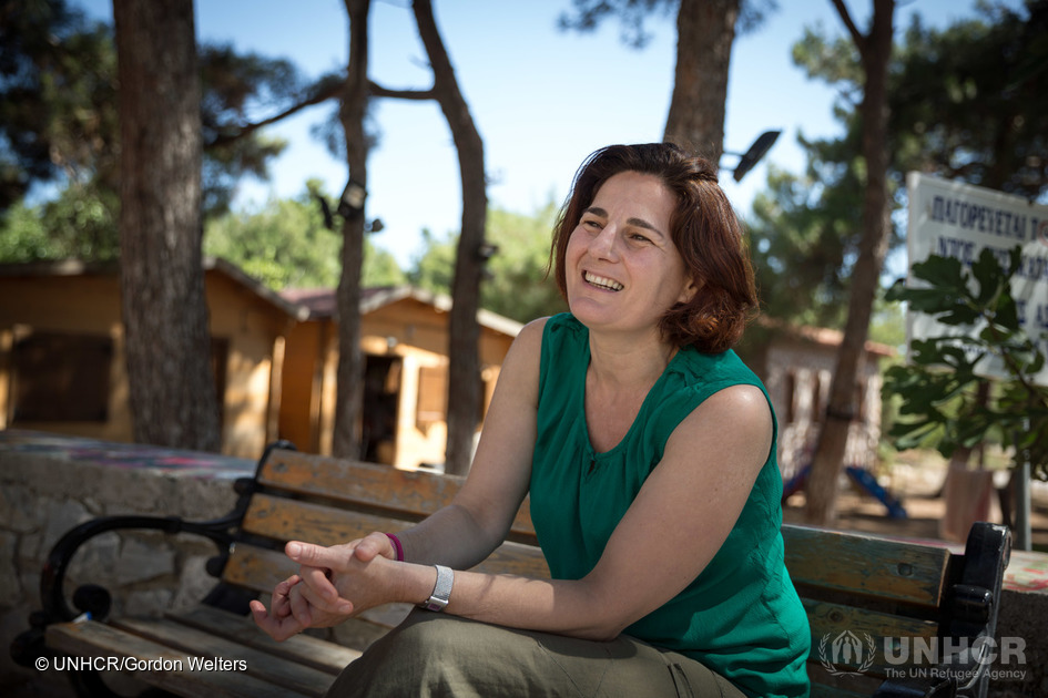 2016 - Efi Latsoudi plays is pictured at "PIKPA village" on the Greek island of Lesvos. Latsoudi is a human rights activist behind PIKPA, where vulnerable refugees such as children, pregnant women and the disabled have been finding sanctuary since 2012. 