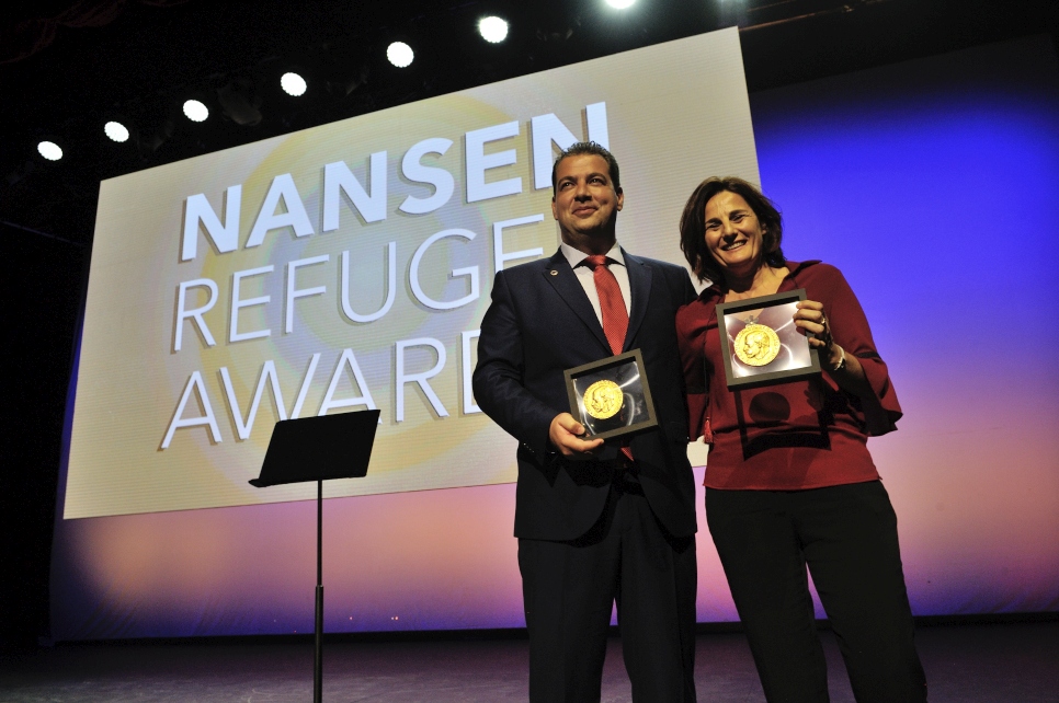 The HRT and Efi Latsoudi receive the 2016 Nansen Refugee Award at a ceremony in Geneva, for their outstanding work during 2015 when they helped thousands of refugees arriving in Greece.