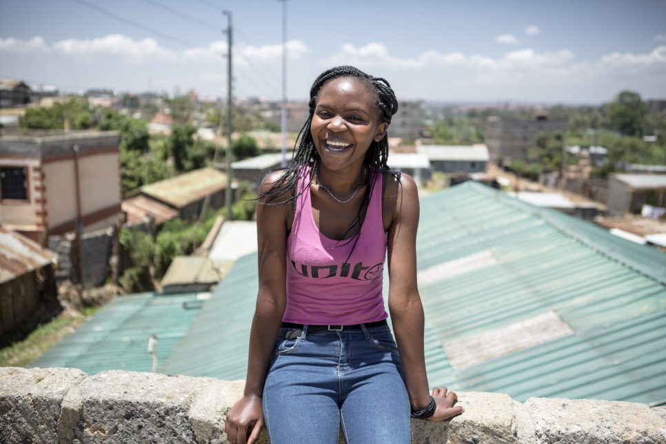 Kenya. Burundian refugee student on rooftop of student housing in Nairobi