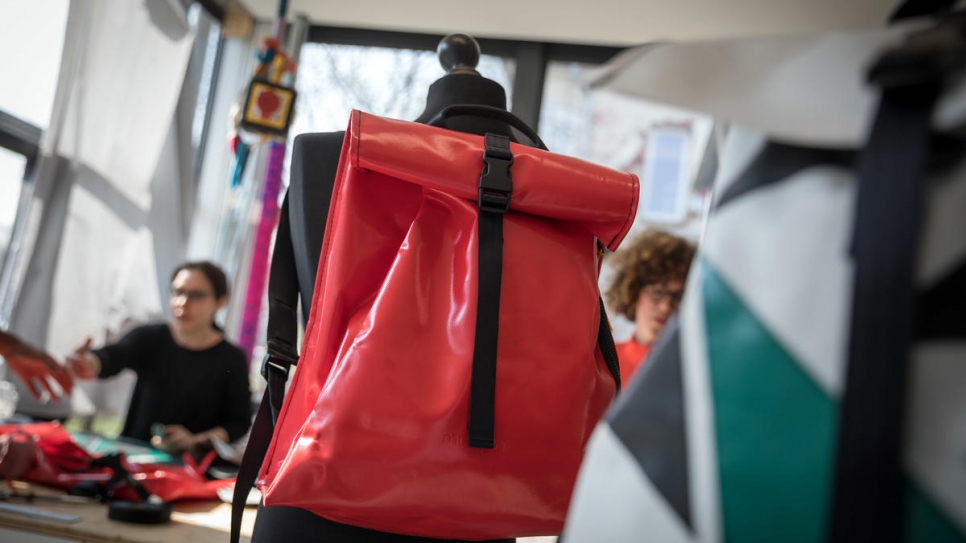 One of the Mimycri backpacks, made from rubber boats.