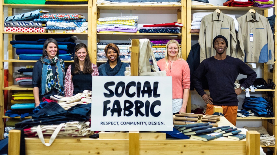Meet the Social Fabric team: founder Heather (left), Lisa, Congolese refugee Bijoux, Helka and Ivorian refugee Cissé.
