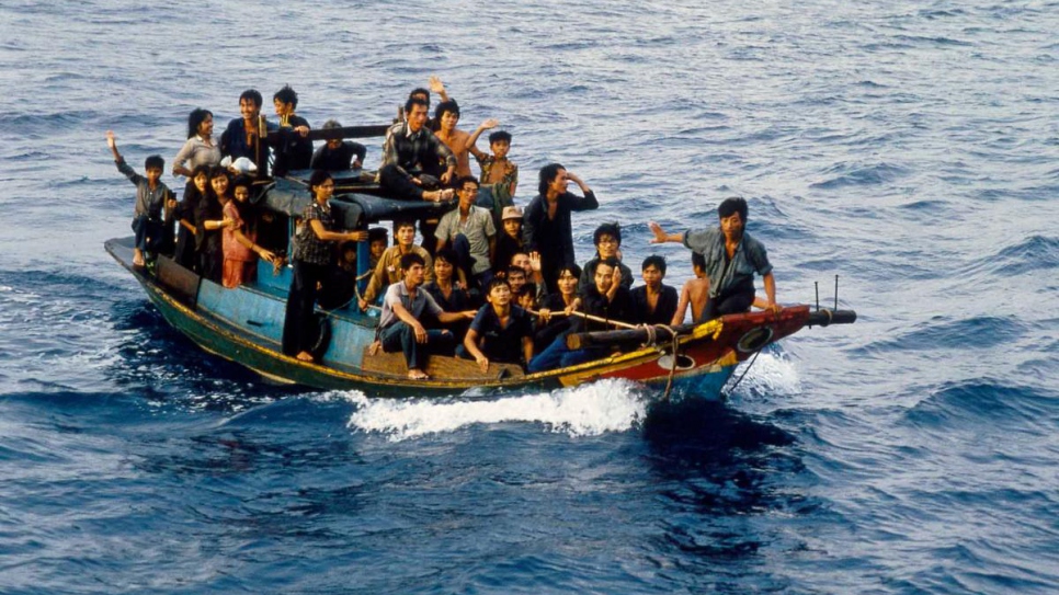 Boat people adrift in the South China Sea in May 1987.