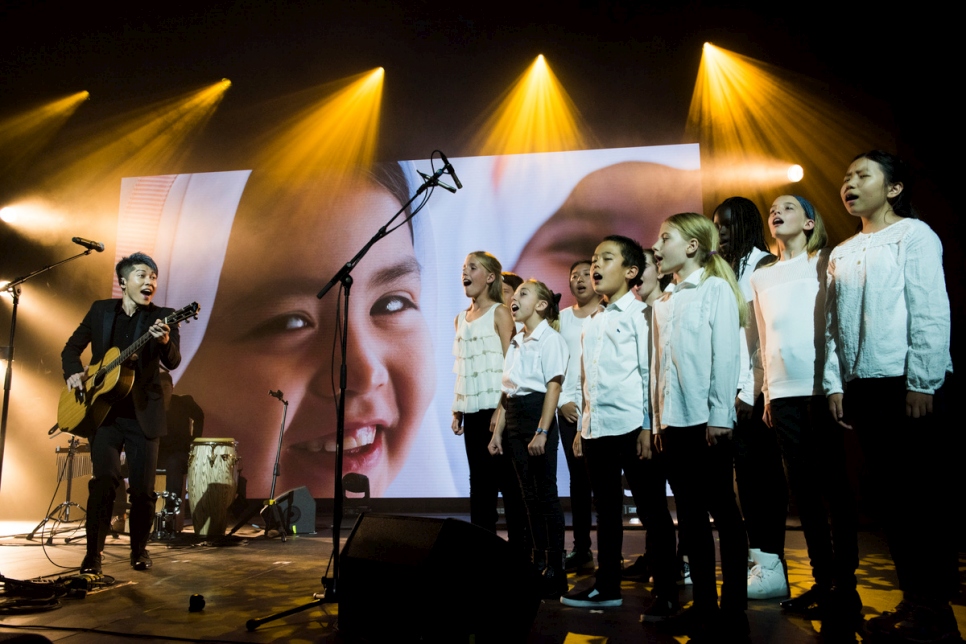 Japanese singer-songwriter and guitarist, Miyavi, performs with the Geneva International School Choir and the Neon Quartet at a glittering 2017 Nansen Award ceremony.