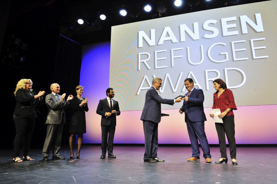 Konstantinos Mitragas accepts the 2016 Nansen Refugee Award on behalf of the Hellenic Rescue Team (HRT). As secretary-general, Mitragas leads a team of more than 2,000 HRT volunteers, who have been rescuing people from the Aegean Sea and Greek mountains since 1978.