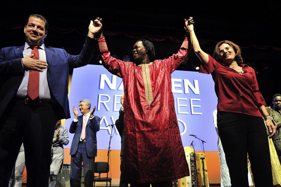 Senegalese singer and guitarist Baaba Maal with Konstantinos Mitragas and Efi Latsoudi  at the 2016 Nansen Refugee Award ceremony.