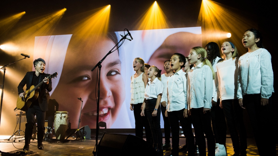 Japanese singer-songwriter and guitarist, Miyavi, performs with the Geneva International School Choir and the Neon Quartet at a glittering 2017 Nansen Award ceremony.