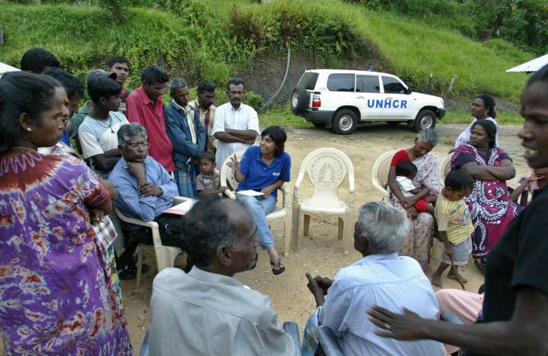 Sri lanka / Stateless people / Workers on the tea plantation meet with UNHCR staff on Bopitiya estate, Deltota, Sri Lanka. The people who work on the estate are descended from Indians brought over by British colonials but never given Sri Lankan citizenship. A law in 2003 enabled Indian origin Tamil plantation workers to obtain citizenship provided their families had been in Sri Lanka since 1964. UNHCR has launched an information campaign to ensure that plantation workers are made aware of the special declaration which automatically grants citizenship to Stateless people. / May 2007